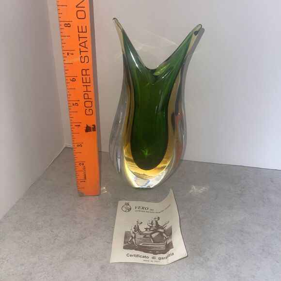 Vtg Murano Art Glass Sommerso Vase Fish Tail Italy 8” Green Vero SRL Cert 2 lb